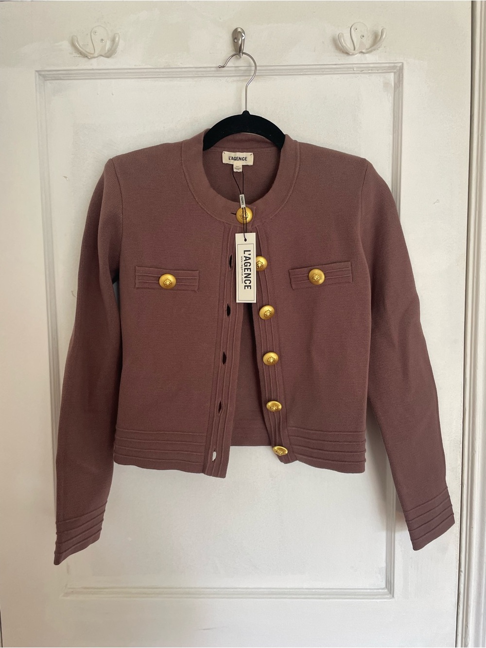 L'AGENCE Dusty Brown Cropped Knit Blazer with Gold Buttons
